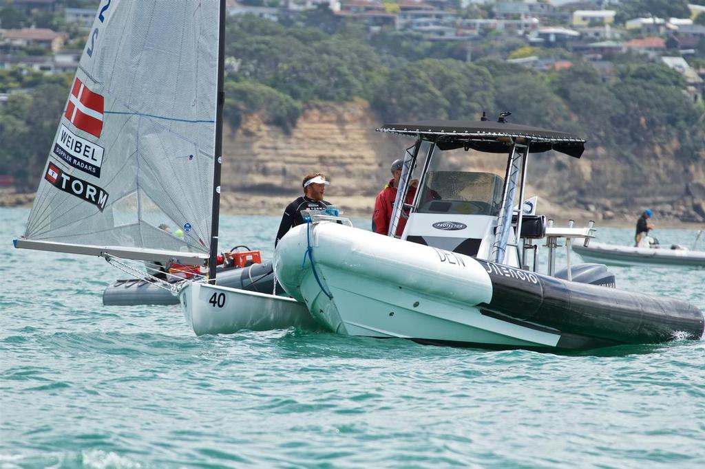 Finn Gold Cup - Race 3 - 2012 Olympic Silver Medalist Jonas Hogh-Christensen (DEN) discusses the options with his coach ahead of Race 3 start © Richard Gladwell www.photosport.co.nz